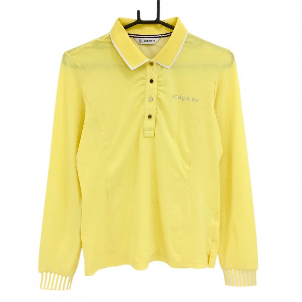 【美品】アンパスィ 長袖ポロシャツ ライトイエロー 胸ロゴラインストーン レディース L ゴルフウェア and per se