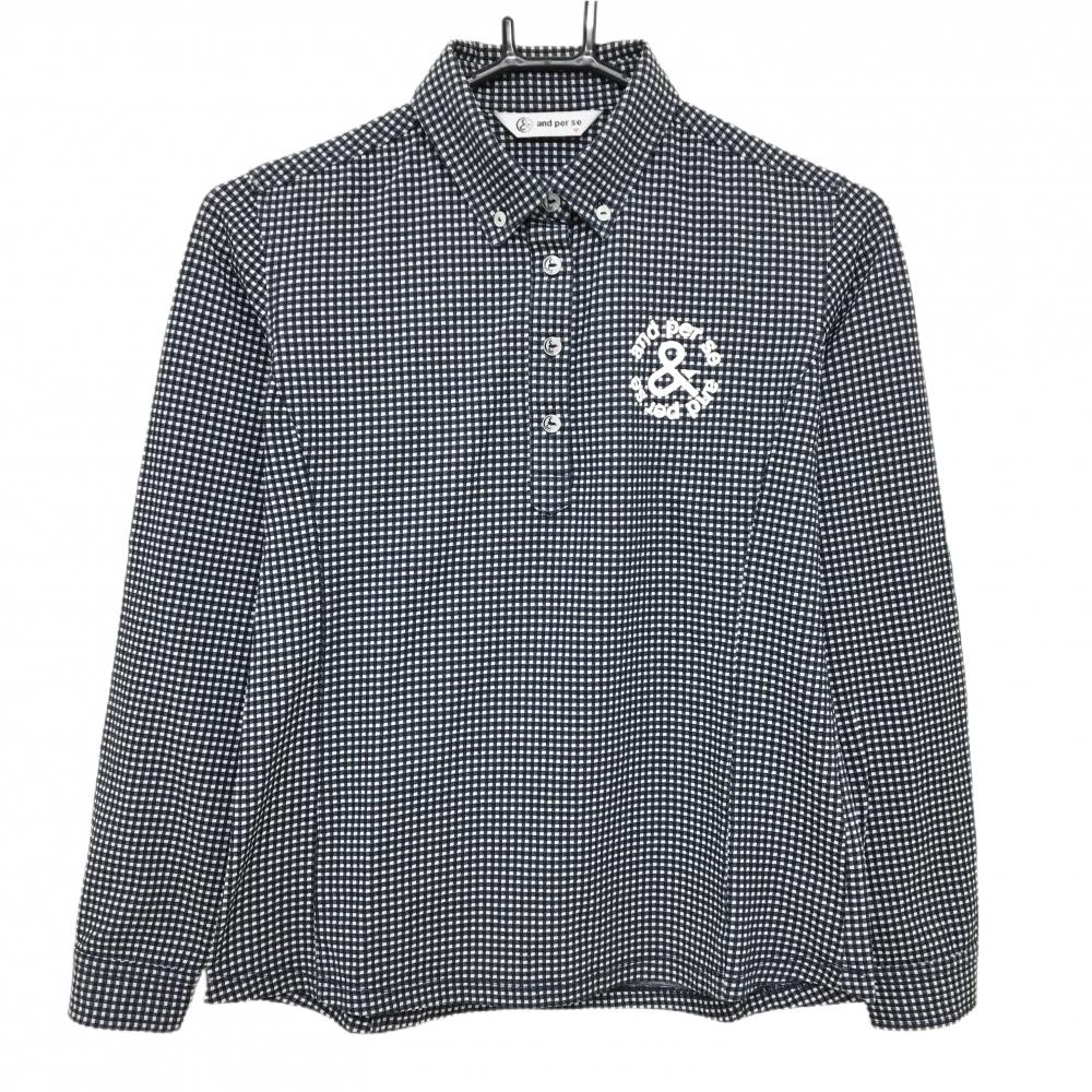 【超美品】アンパスィ 長袖ポロシャツ ネイビー×白 チェック ボタンダウン ロゴ白 レディース M ゴルフウェア and per se