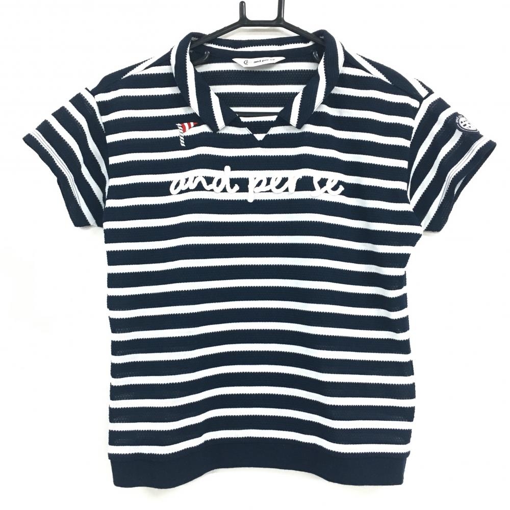 【美品】アンパスィ 襟付Tシャツ ネイビー×白 ボーダー 袖ロゴ レディース S ゴルフウェア and per se