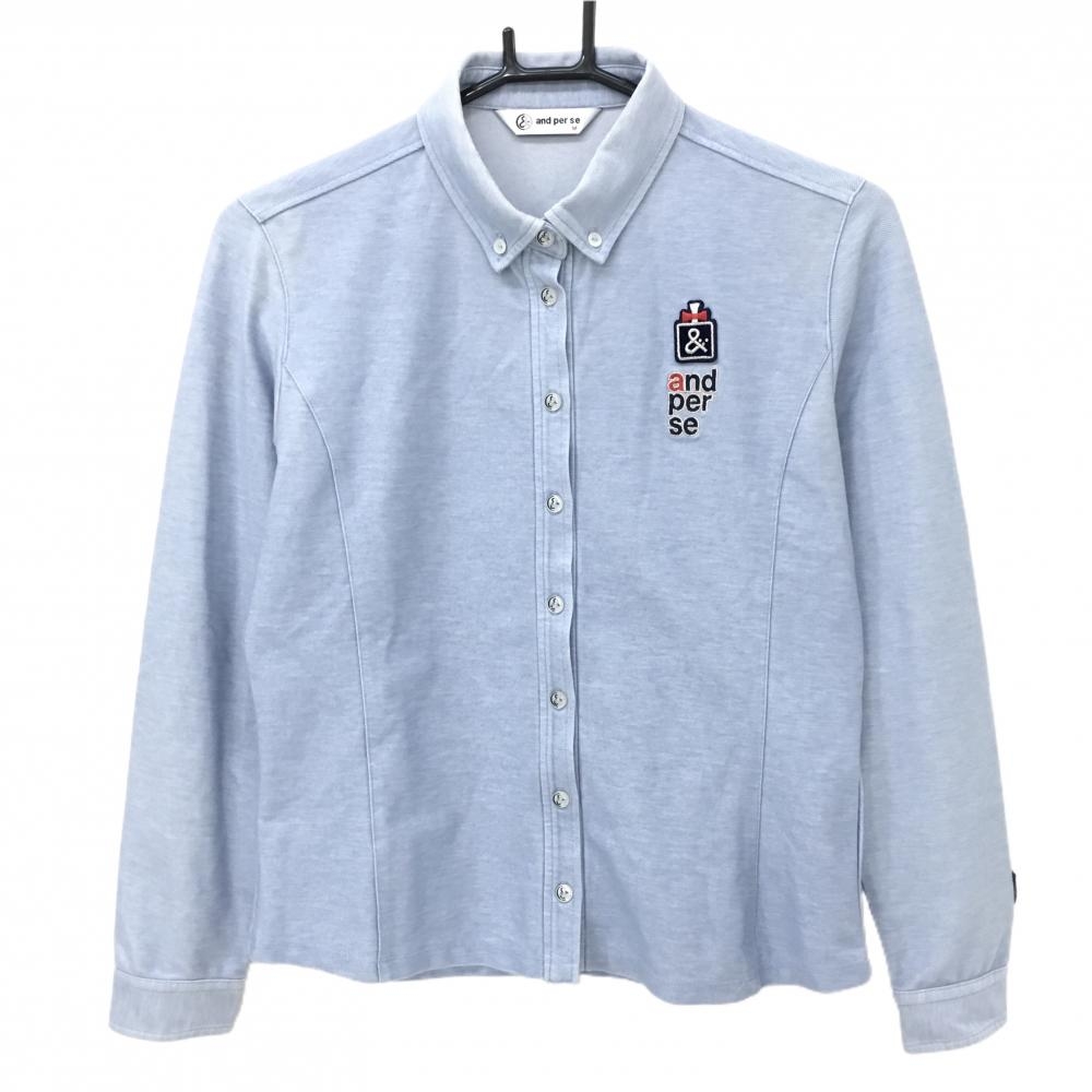 アンパスィ 長袖シャツ 杢ライトブルー×ネイビー 胸ロゴ ボタンダウン ストレッチ レディース M ゴルフウェア and per se