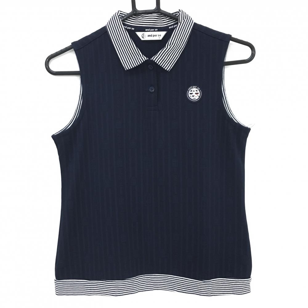 アンパスィ ノースリーブポロシャツ ネイビー×白 ストライプ織生地 リブボーダー ロゴワッペン  レディース M ゴルフウェア and per se