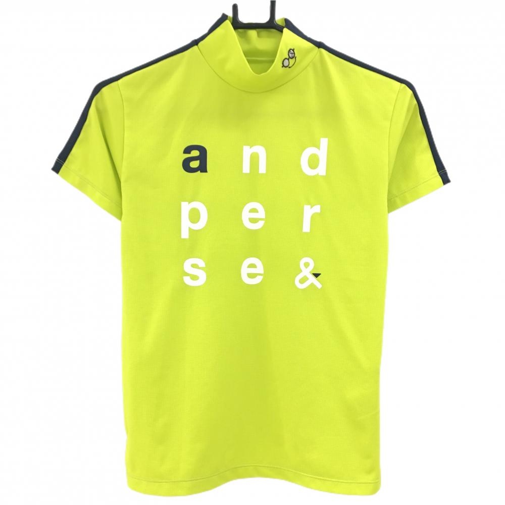 【超美品】アンパスィ 半袖ハイネックシャツ ライトグリーン×ネイビー ロゴプリント レディース M ゴルフウェア and per se