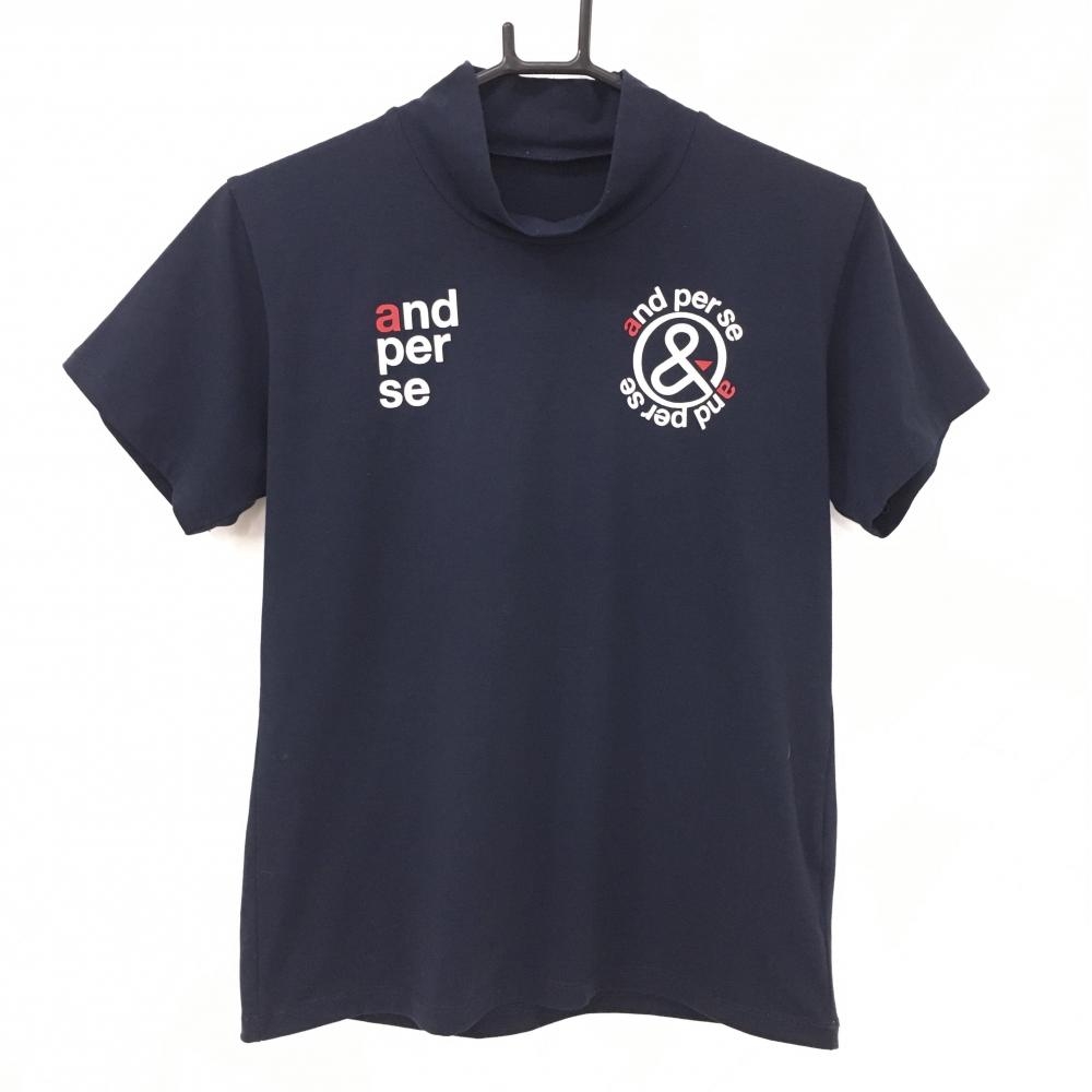 【美品】アンパスィ 半袖ハイネックシャツ ネイビー×白 胸元ロゴ 毛羽立ち少 レディース LL ゴルフウェア and per se