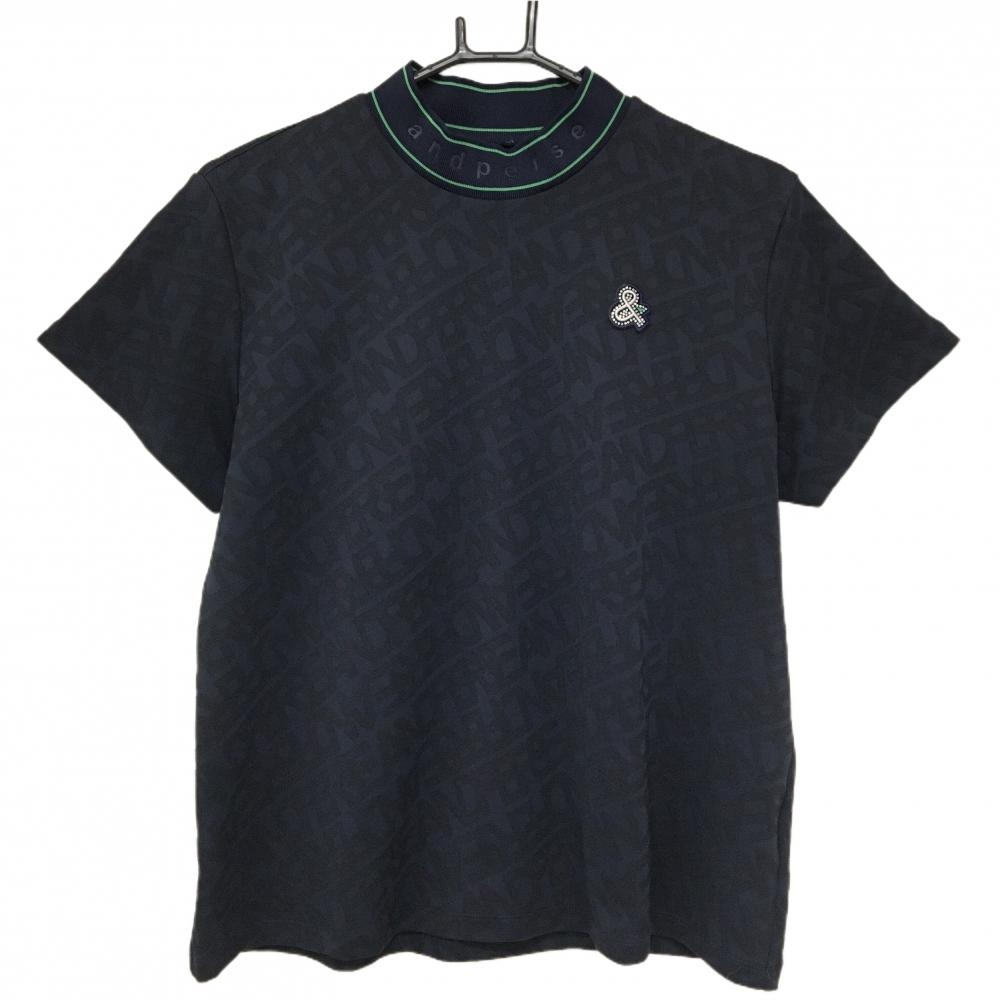 【超美品】アンパスィ 半袖ハイネックシャツ 黒 英字総柄 ロゴワッペン レディース LL ゴルフウェア 2025年モデル and per se