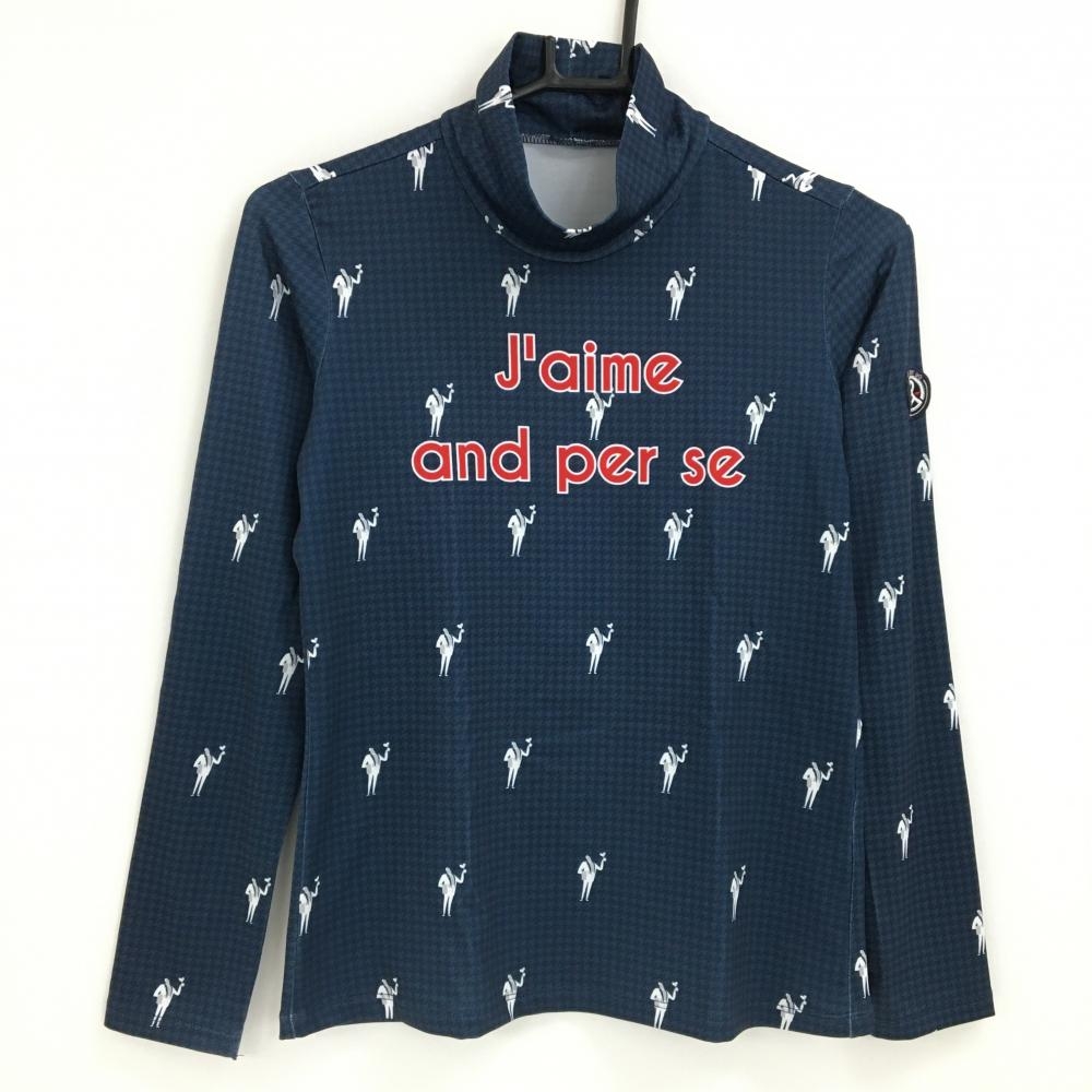 【美品】アンパスィ 長袖ハイネックシャツ ネイビー×白 総柄 千鳥格子 胸ロゴ レディース S ゴルフウェア and per se