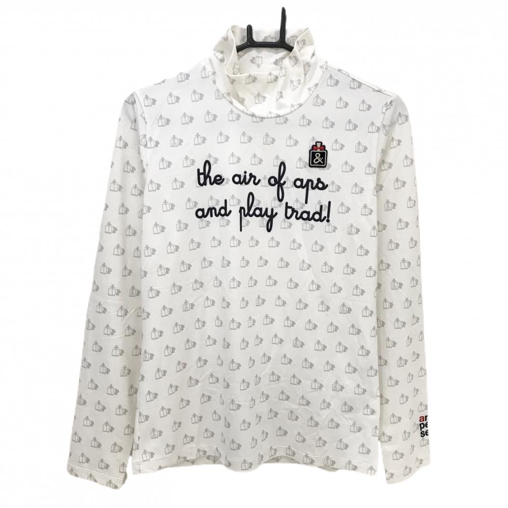アンパスィ 長袖ハイネックシャツ 白×ライトグレー 香水総柄 ワッペン  レディース L ゴルフウェア and per se