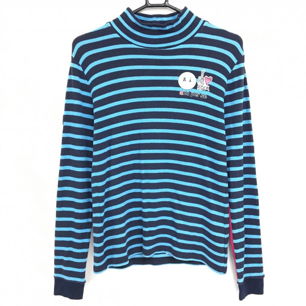 【美品】アンパスィ 長袖ハイネックシャツ ネイビー×ライトブルー ボーダー柄  レディース L ゴルフウェア and per se