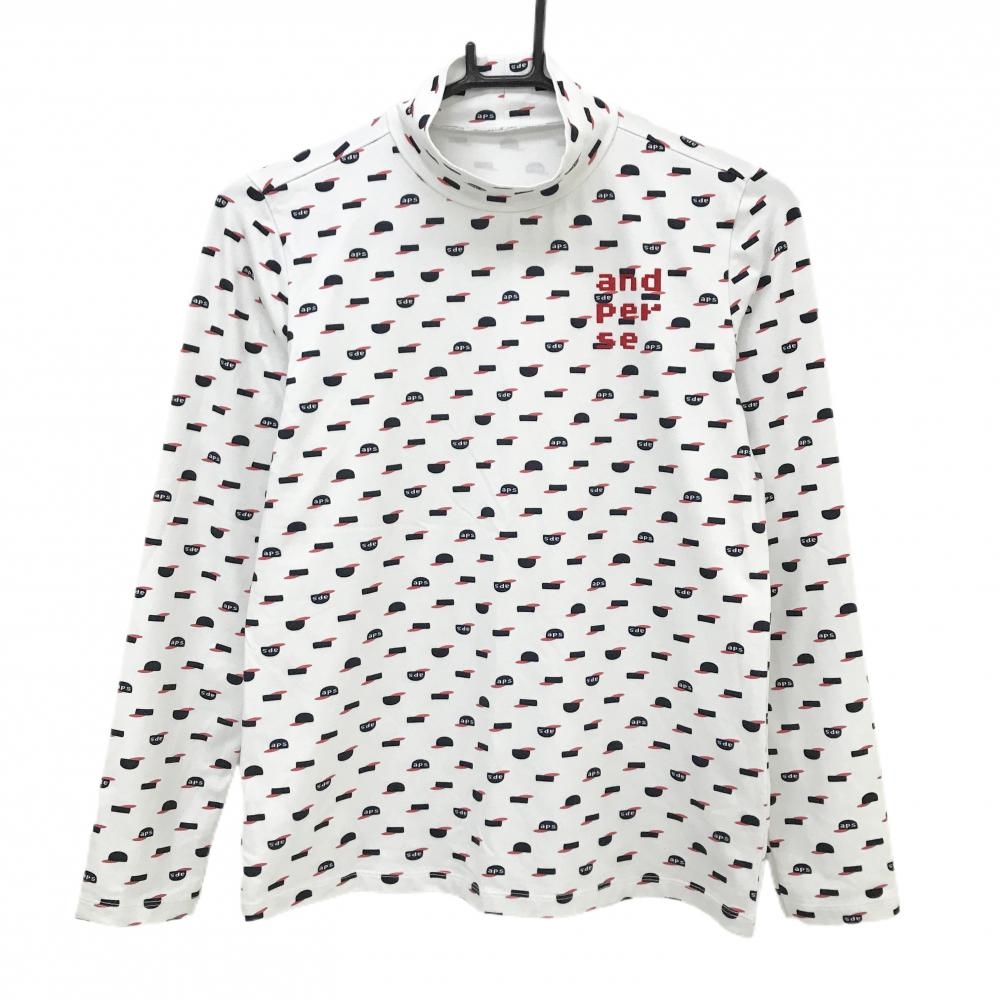 アンパスィ 長袖ハイネックシャツ 白×ネイビー×レッド キャップ総柄 レディース M ゴルフウェア and per se