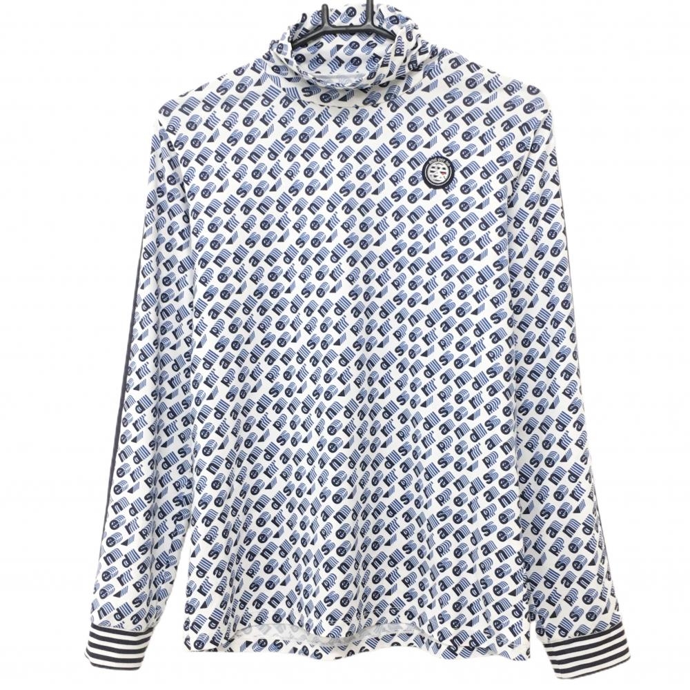 アンパスィ 長袖ハイネックシャツ 白×ネイビー系 総柄 胸ロゴ レディース L ゴルフウェア and per se