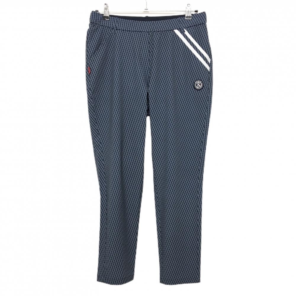 【超美品】アンパスィ パンツ ネイビー×白 ロゴ総柄 ポケット口2ライン ウエストゴム ストレッチ レディース LL ゴルフウェア and per se