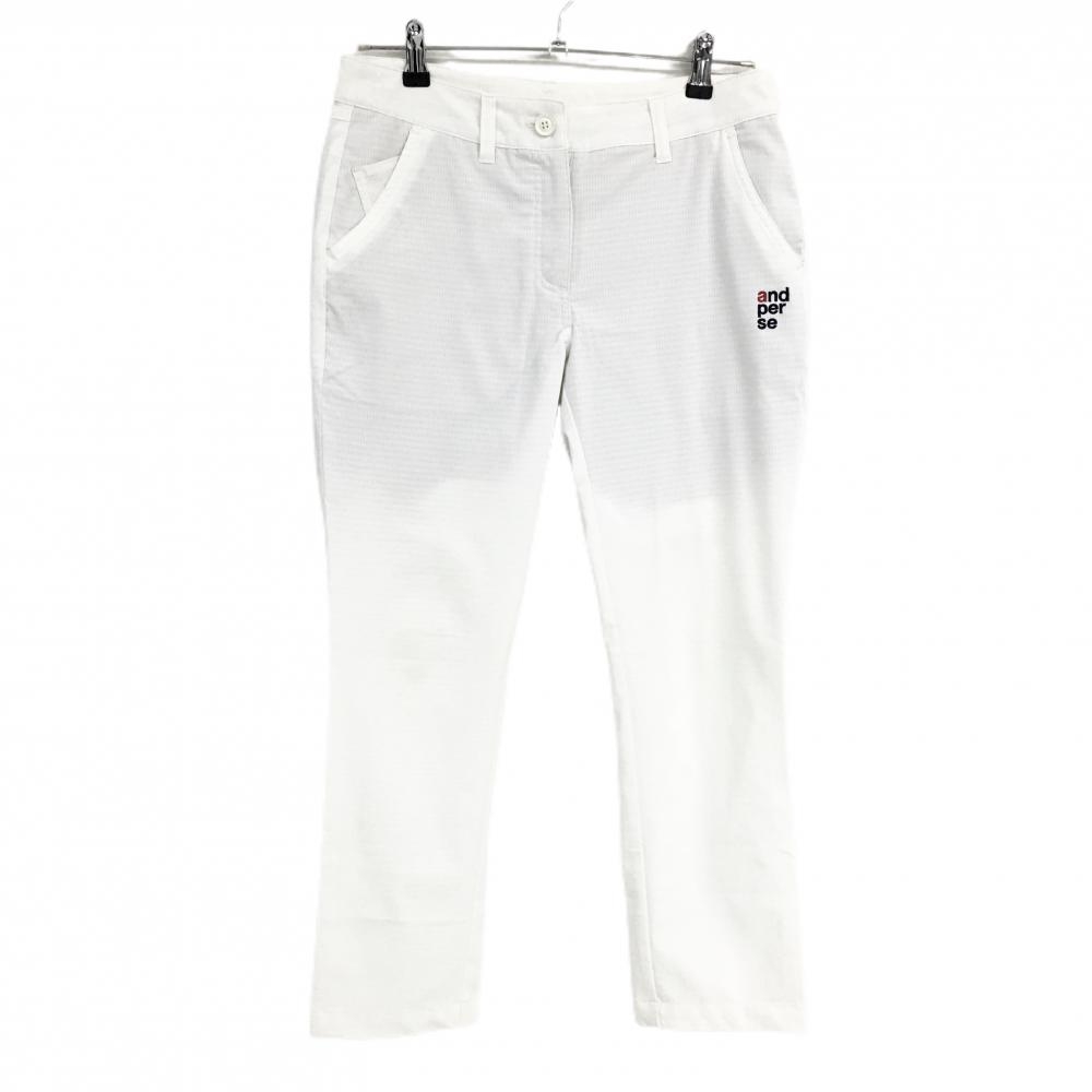 【美品】アンパスィ パンツ 白 格子柄地模様 一部裏地付 ロゴ刺しゅう レディース L ゴルフウェア and per se