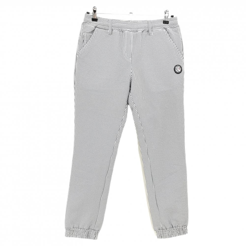 【超美品】アンパスィ ジョガーパンツ 白×ネイビー ストライプ ストレッチ サッカー調生地 レディース L ゴルフウェア and per se