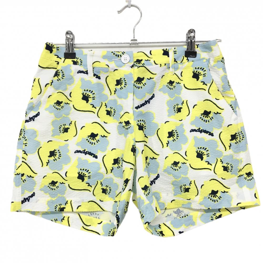 【超美品】アンパスィ ショートパンツ 白×イエロー×ライトブルー 花柄 サッカー生地  レディース M ゴルフウェア and per se
