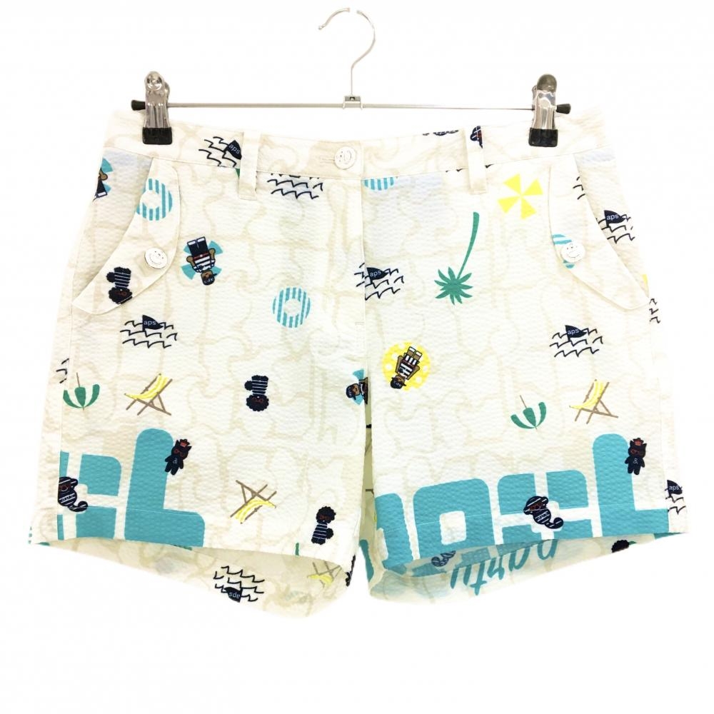 【美品】アンパスィ ショートパンツ 白×ベージュ系×マルチカラー 総柄 ヤシの木 パラソル レディース L ゴルフウェア and per se