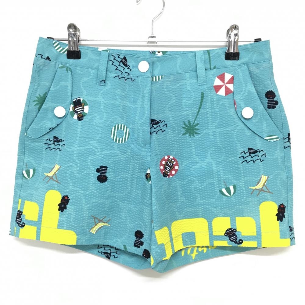 【新品】アンパスィ ショートパンツ グリーンブルー×マルチカラー 総柄 サッカー生地 ストレッチ レディース M ゴルフウェア and per se