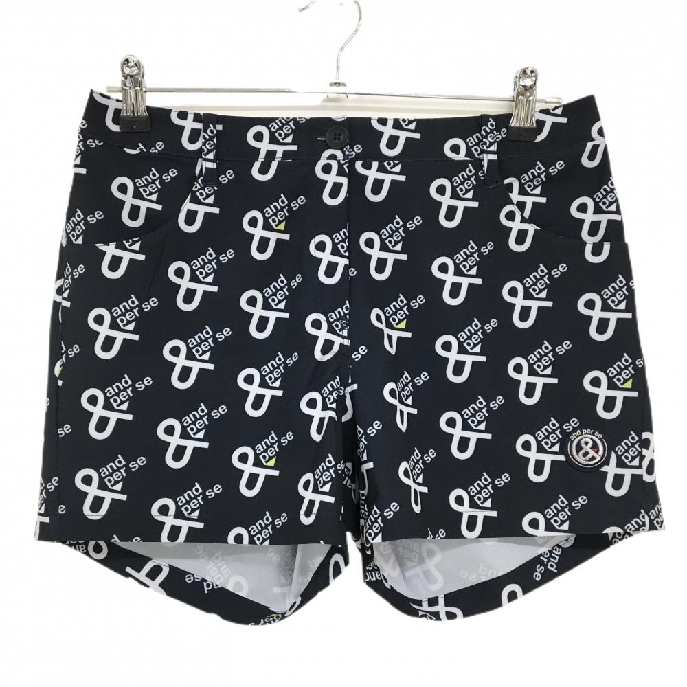 【超美品】アンパスィ ショートパンツ ネイビー×白 ロゴ総柄 レディース L ゴルフウェア and per se