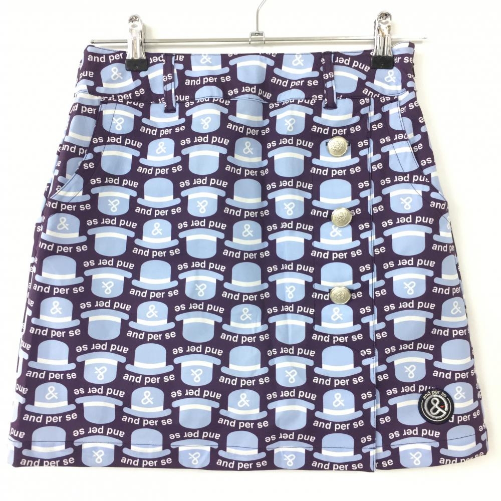 【超美品】and per se アンパスィ スカート パープル×ライトブルー ロゴ総柄 前ボタン レディース M ゴルフウェア