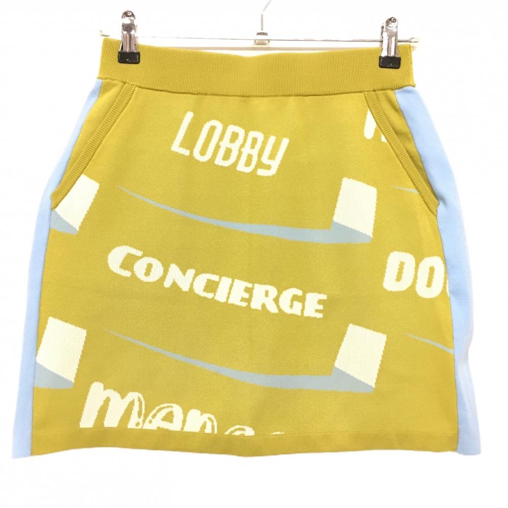 【美品】アンパスィ ニットスカート ライトカーキ×ライトブルー 総柄 英字 レディース L ゴルフウェア 2023年モデル and per se