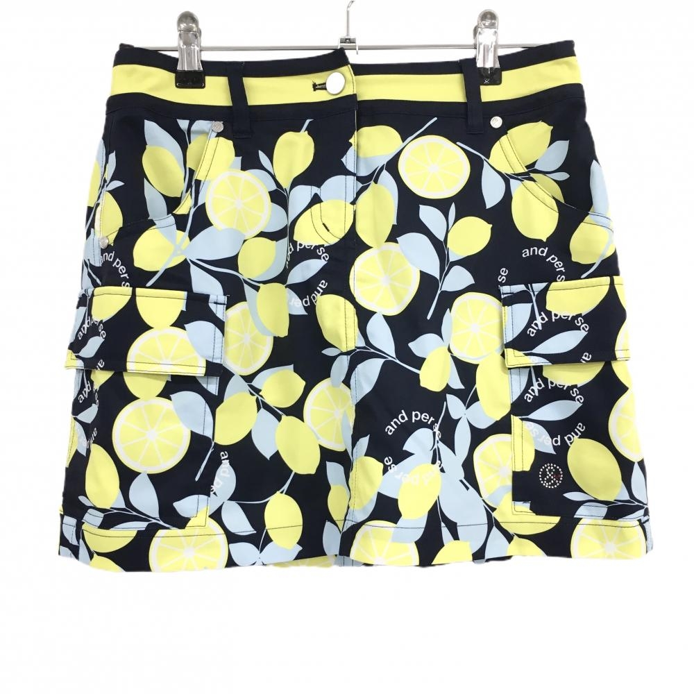 【超美品】アンパスィ スカート ネイビー×イエロー レモン柄  レディース M ゴルフウェア and per se
