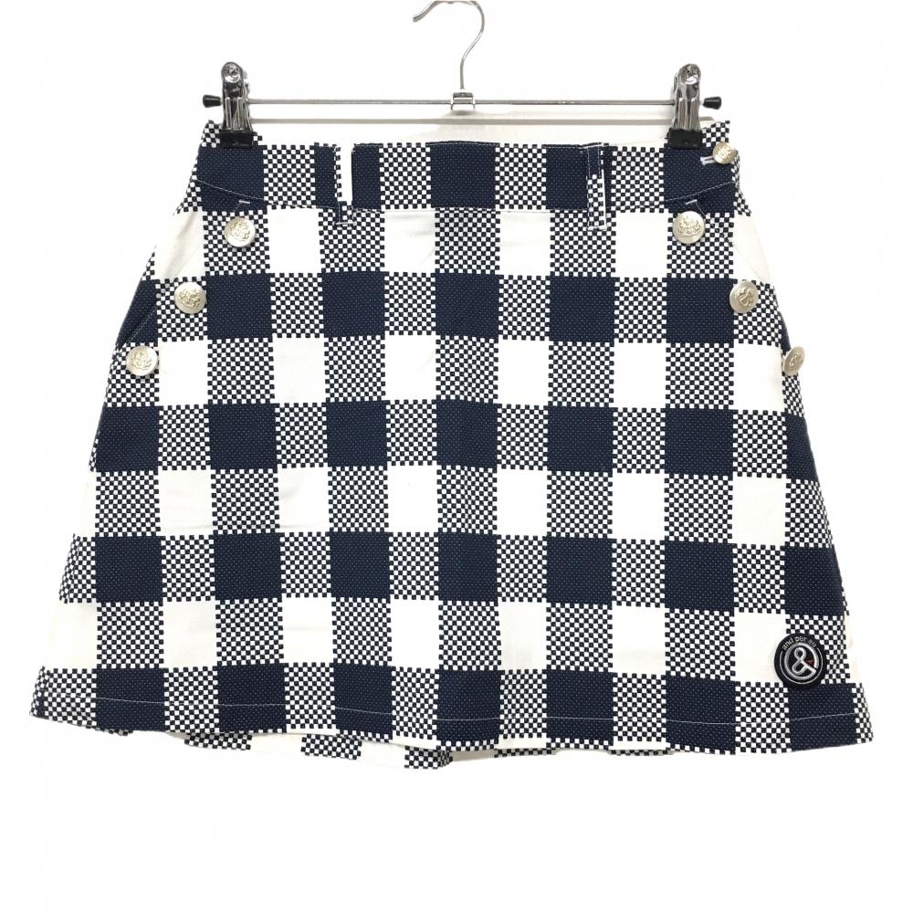 アンパスィ スカート 白×ネイビー チェック シルバーボタン ストレッチ レディース M ゴルフウェア and per se