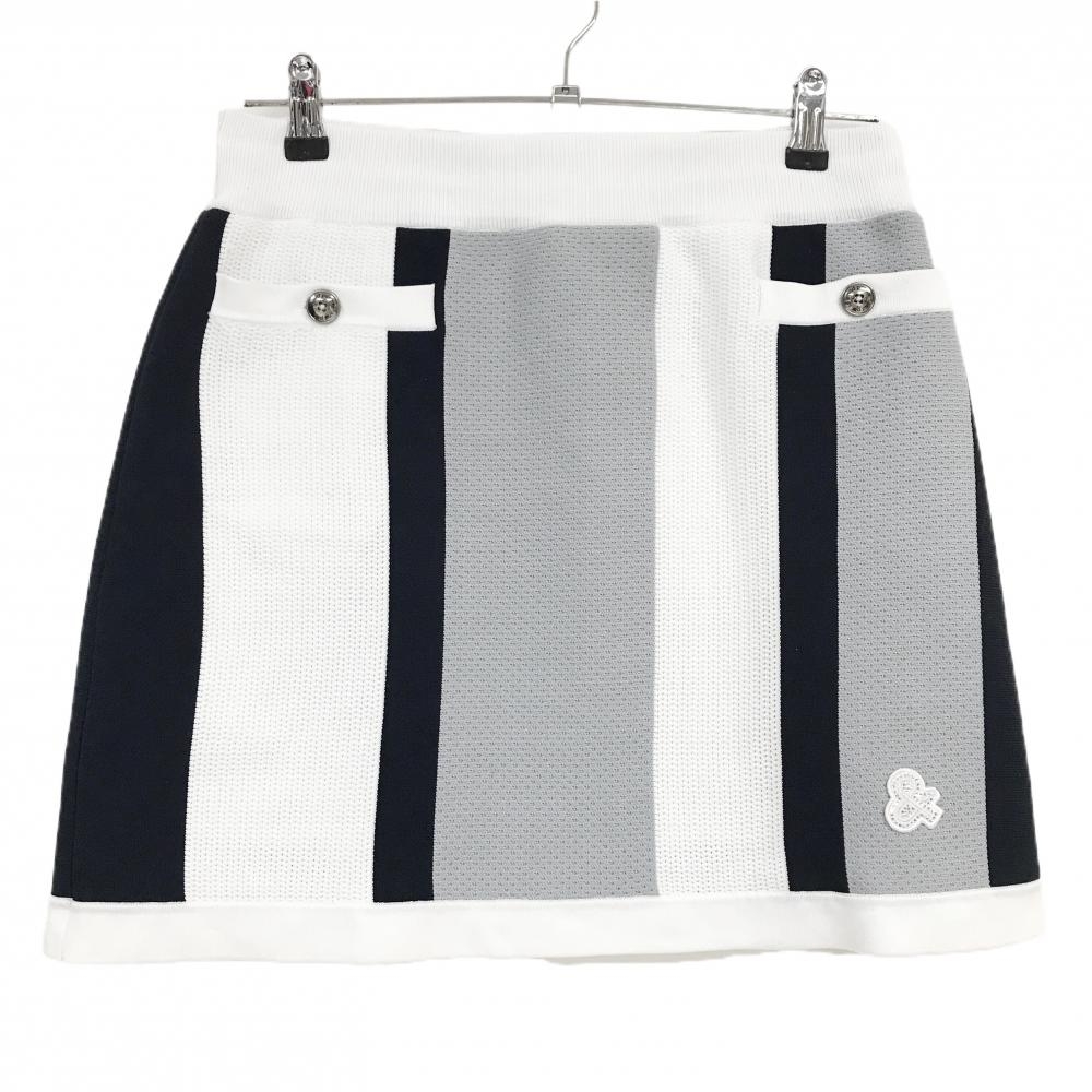 【美品】アンパスィ ニットスカート 白×グレー×ダークネイビー ストライプ  レディース L ゴルフウェア 2025年モデル and per se