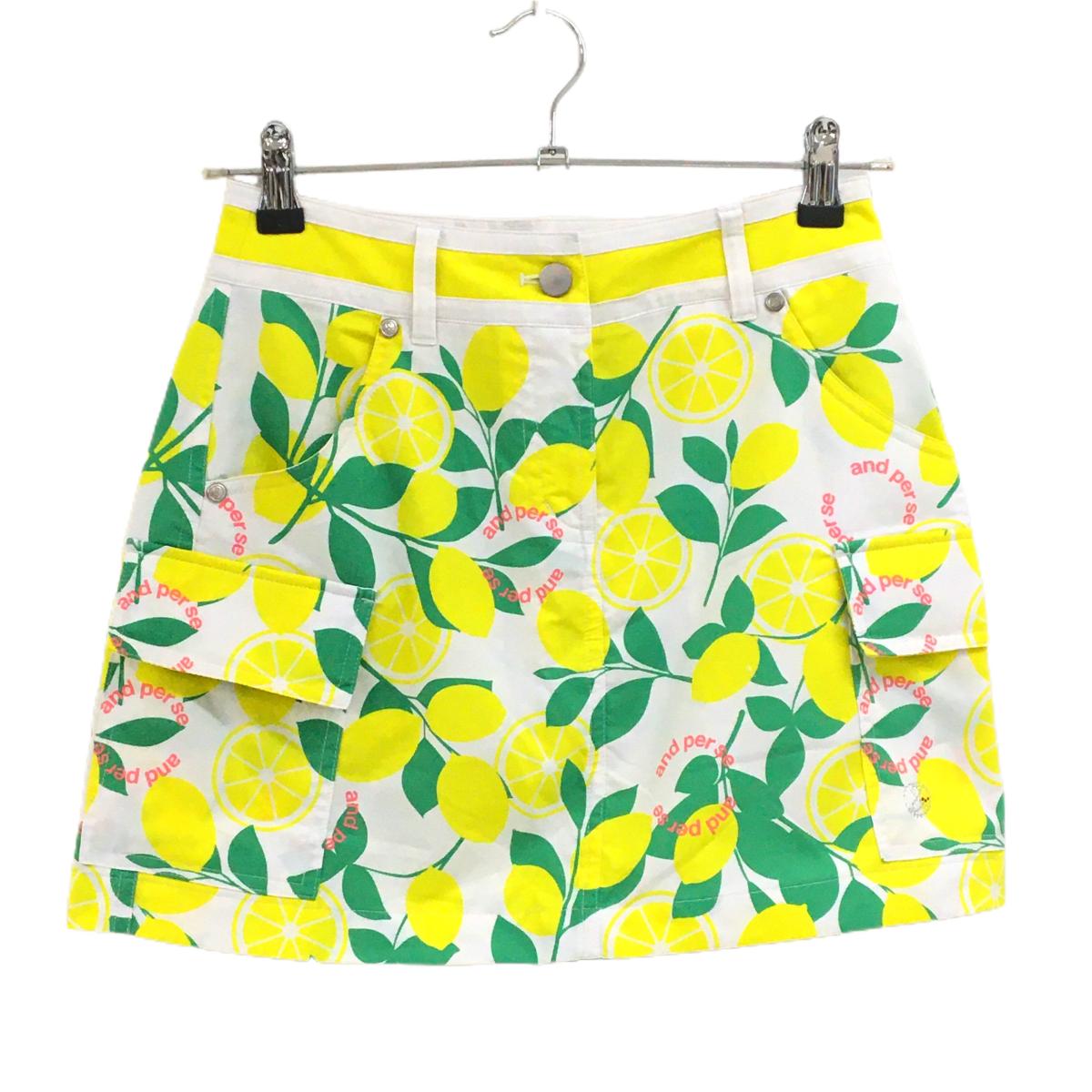 アンパスィ スカート 白×イエロー レモン総柄 ラインストーン  レディース S ゴルフウェア and per se