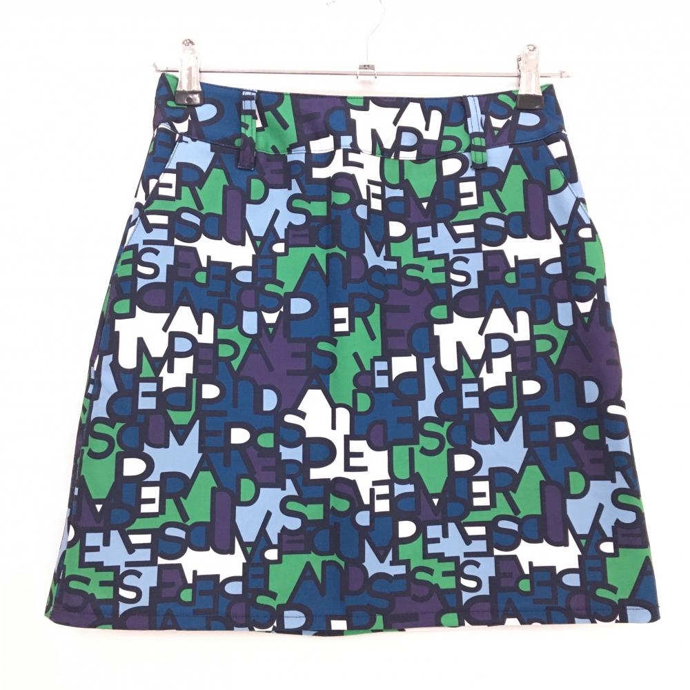 【美品】アンパスィ スカート 白×ネイビー×ブルー 英字総柄 レディース S ゴルフウェア and per se