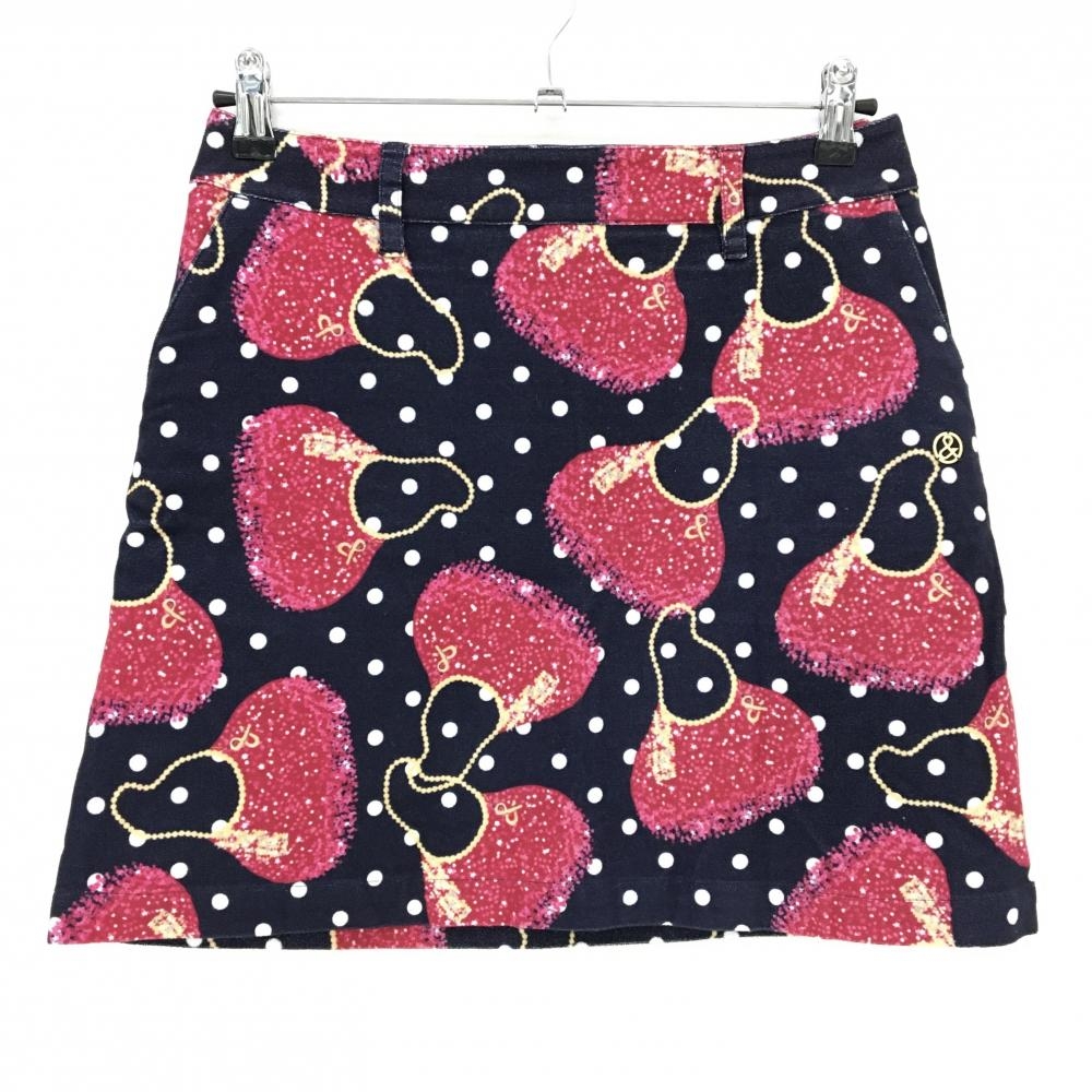 【超美品】アンパスィ スカート ダークネイビー×レッドピンク系 バッグ総柄 ドット 表微起毛 レディース M ゴルフウェア and per se