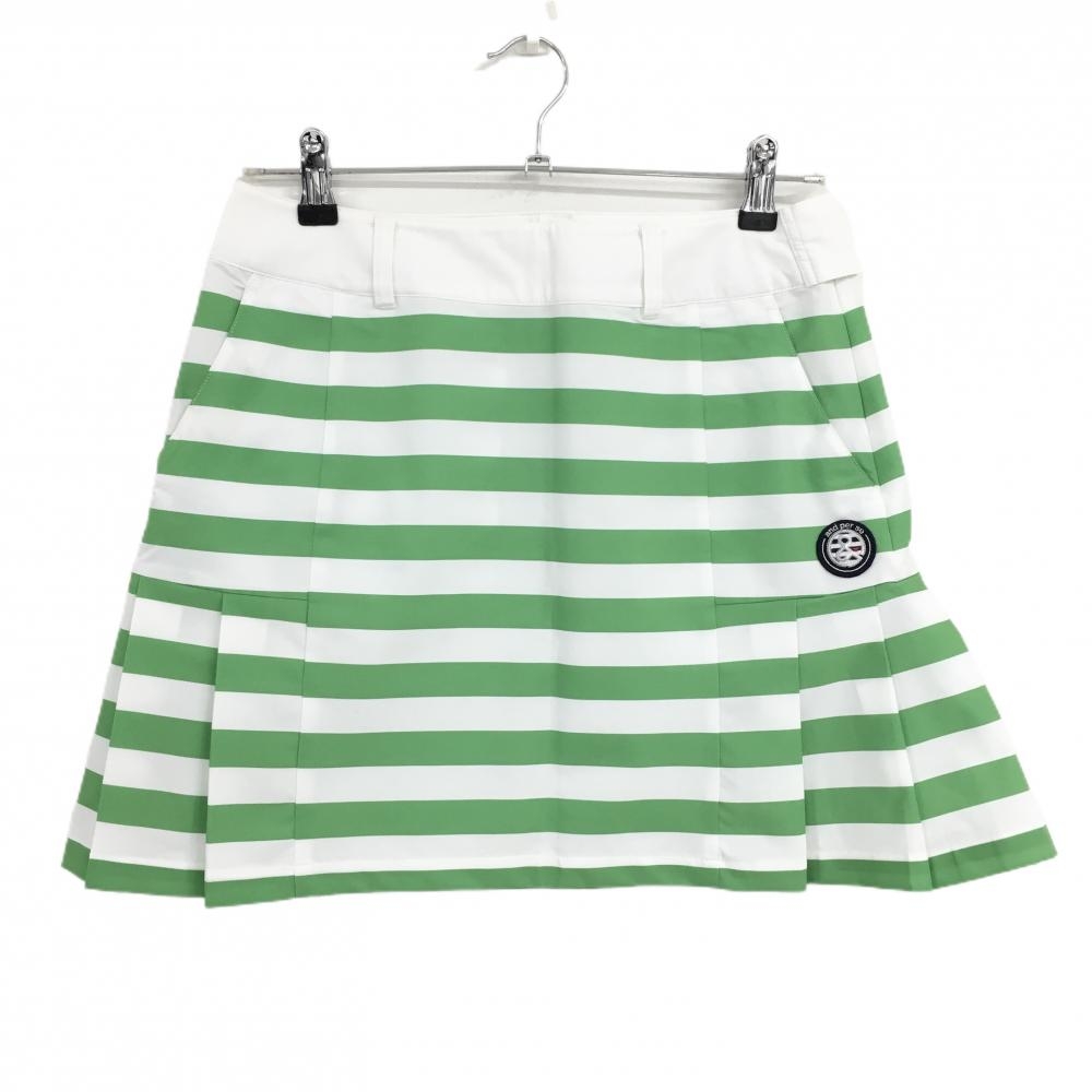 【美品】アンパスィ スカート 白×ライトグリーン ボーダー ストレッチ  レディース L ゴルフウェア and per se