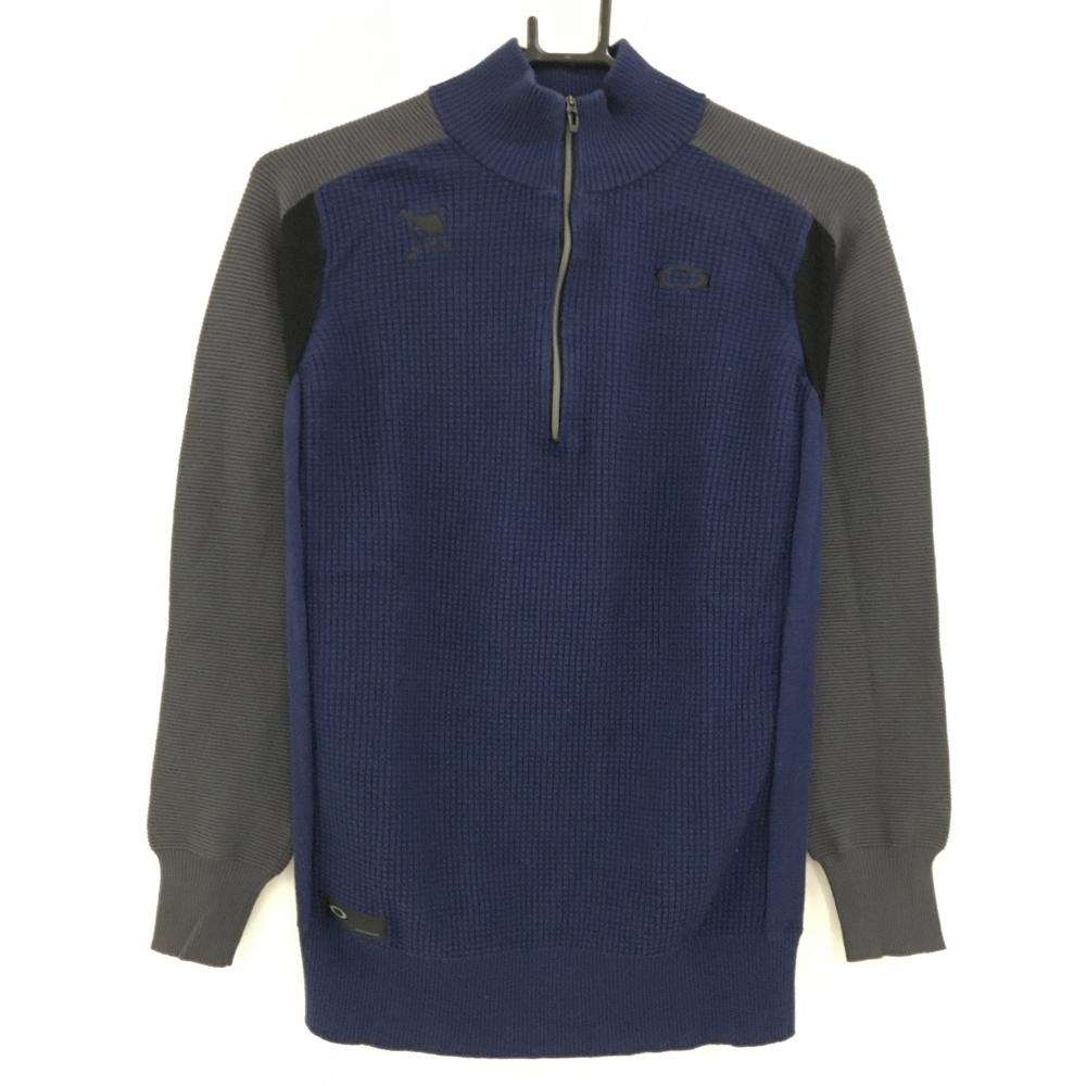 オークリー ハイネックセーター ネイビー×グレー ハーフジップ コットン・ウール混 レディース L ゴルフウェア Oakley