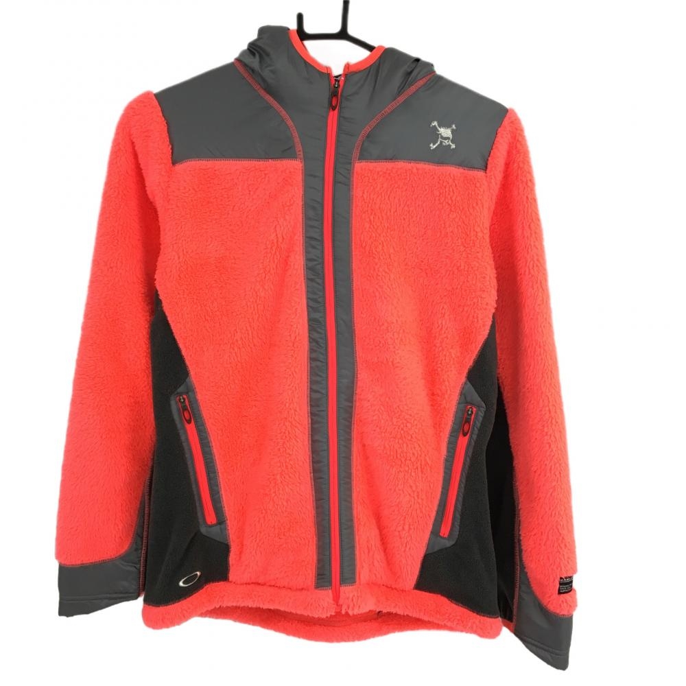 【超美品】オークリー ボア切替パーカー 蛍光レッド×グレー 一部フリース POLARTEC レディース L ゴルフウェア Oakley