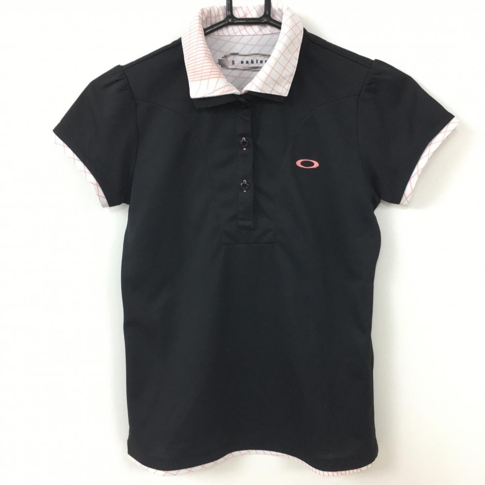 【超美品】Oakley オークリー 切替半袖ポロシャツ 黒×ピンク 一部チェック柄 二重襟 レディース S ゴルフウェア