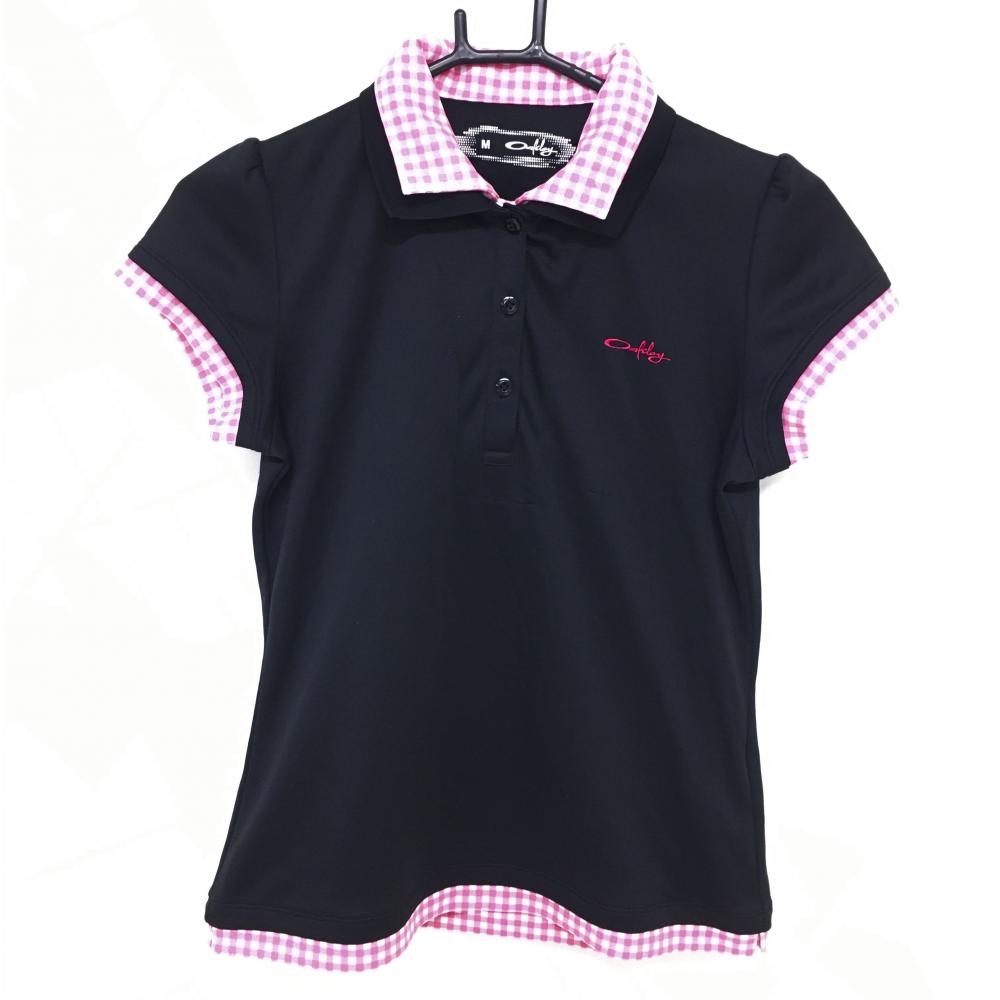 【美品】オークリー 半袖ポロシャツ 黒×ピンク 一部ギンガムチェック 二重襟 レディース M ゴルフウェア Oakley