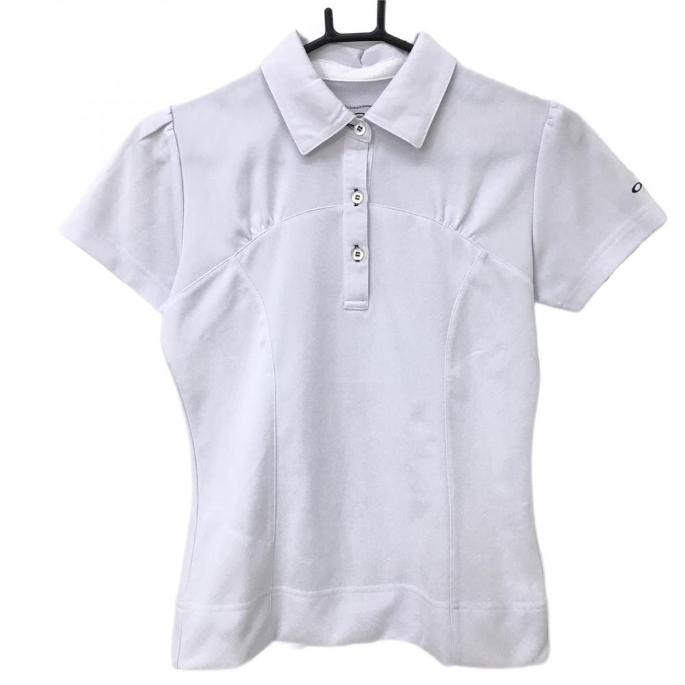 【美品】オークリー 半袖ポロシャツ 白×パープル 袖ロゴ刺しゅう  レディース S ゴルフウェア Oakley