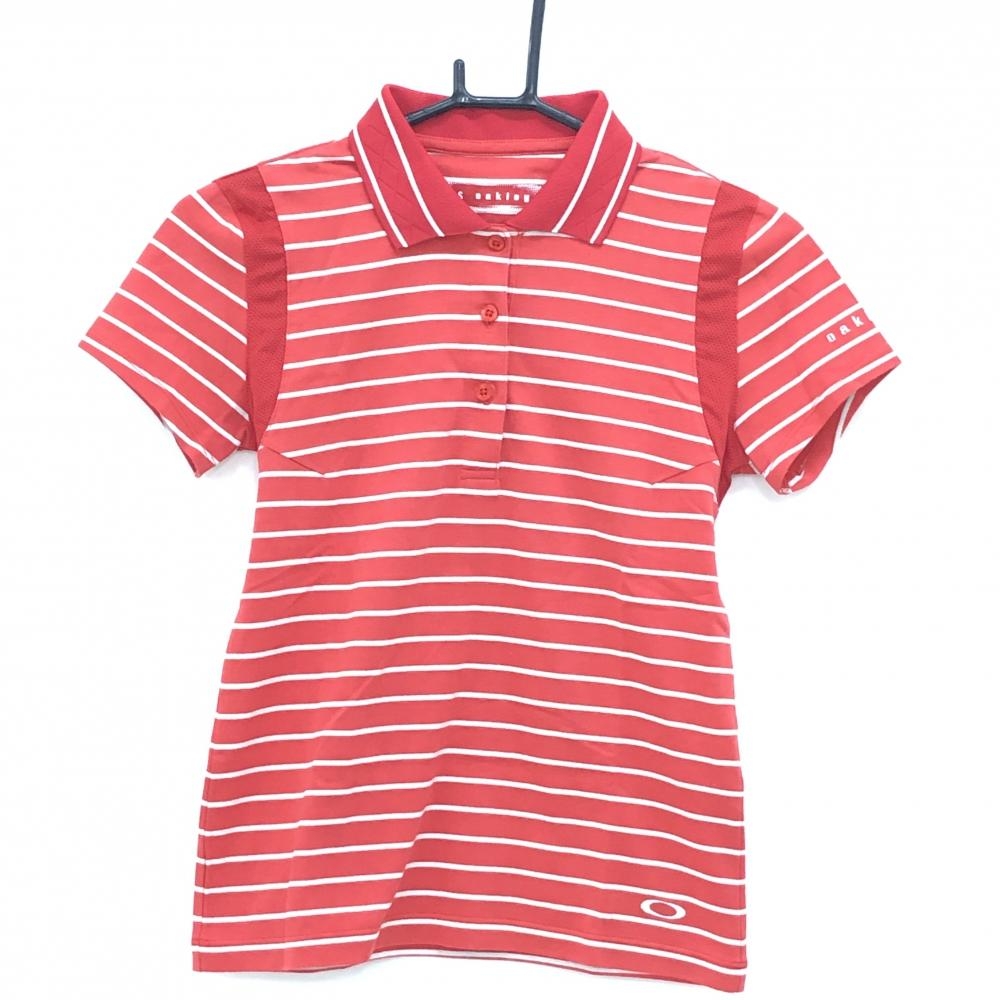【美品】オークリー 半袖ポロシャツ レッド×白 ボーダー ロゴ刺しゅう 袖一部メッシュ  レディース S ゴルフウェア Oakley