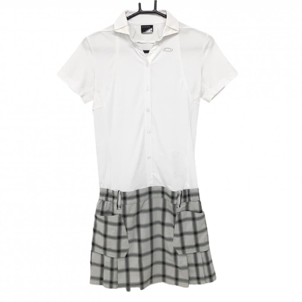 オークリー 半袖ワンピース 白×グレー スカートチェック スキッパー レディース M ゴルフウェア Oakley