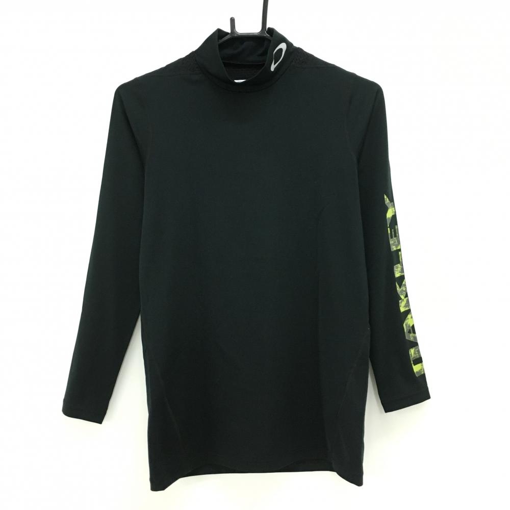 【超美品】オークリー ハイネックインナーシャツ 黒×ライトグリーン 袖ロゴ 後ろ上部メッシュ調 レディース M ゴルフウェア Oakley