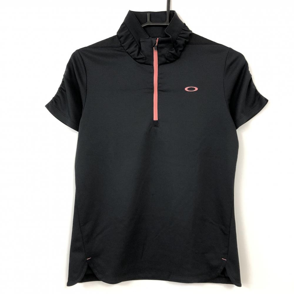 Oakley オークリー 半袖ハイネックシャツ 黒×ピンク ハーフジップ バックロゴ 一部メッシュ レディース M ゴルフウェア