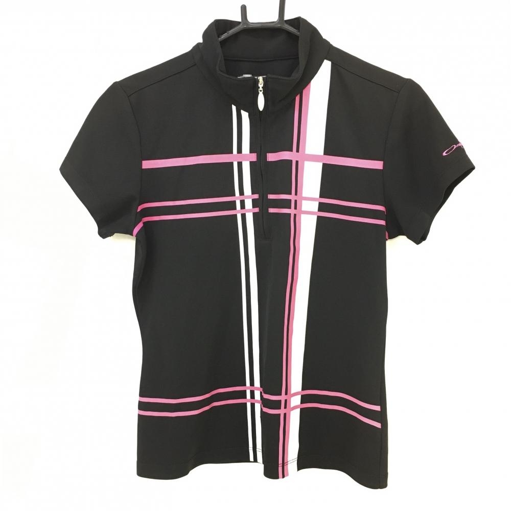 オークリー 半袖ハイネックシャツ 黒×ピンク チェック ハーフジップ レディース L ゴルフウェア Oakley