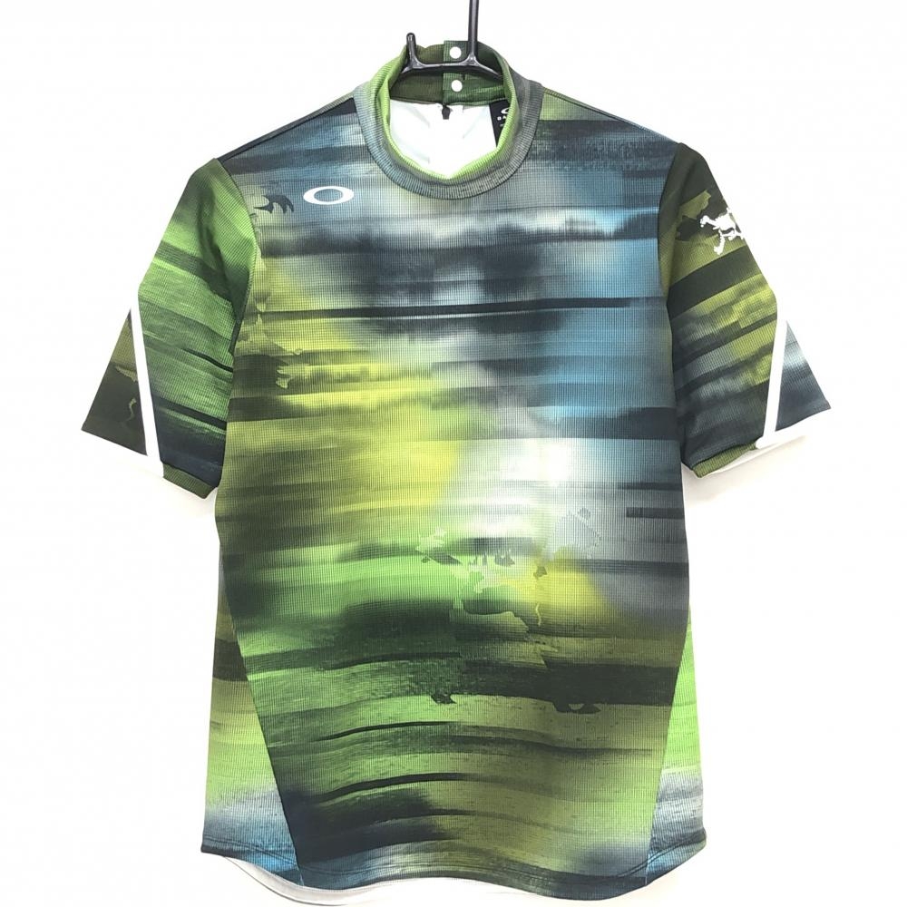 【超美品】オークリー 半袖ハイネックシャツ ライトグリーン×黒 総柄 バックファスナー レディース M ゴルフウェア 2023年モデル Oakley