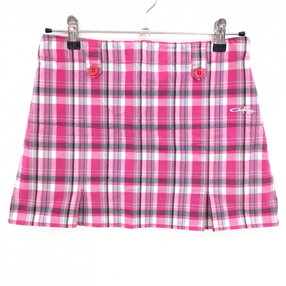 【超美品】オークリー スカート ピンク×白 チェック ロゴ刺しゅう インナーパンツ付き  レディース S ゴルフウェア Oakley