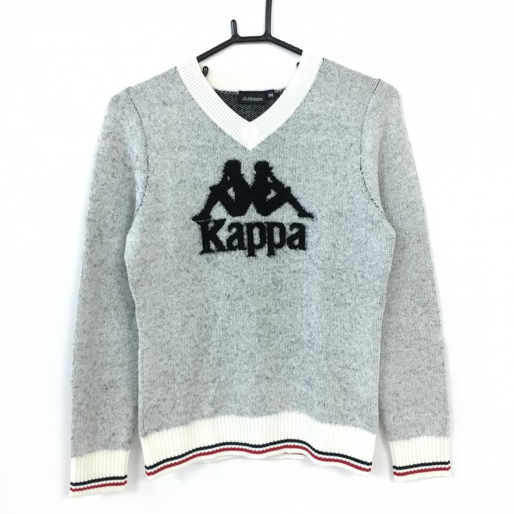 【美品】Kappa カッパ 長袖ニットセーター 白×黒 ビッグロゴ 羊毛混 Vネック レディース M ゴルフウェア