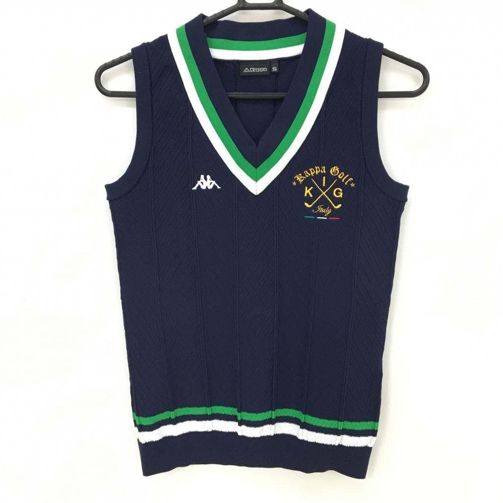 【美品】カッパ ニットベスト ネイビー×グリーン Vネック 胸元ロゴ レディース S ゴルフウェア Kappa
