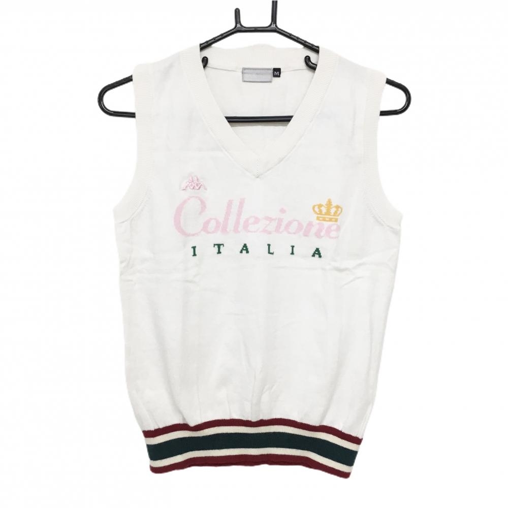 【美品】カッパ ニットベスト 白 ロゴ刺しゅう 裾ライン Vネック レディース M ゴルフウェア Kappa