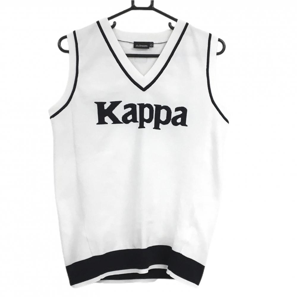 【超美品】カッパ ニットベスト 白×ネイビー Vネック ビッグロゴ レディース O(XL) ゴルフウェア Kappa
