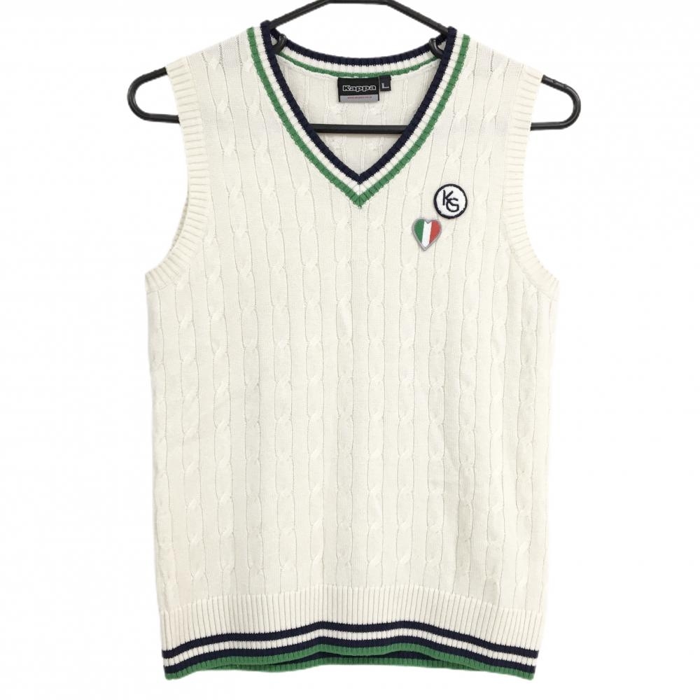【超美品】カッパ ニットベスト 白系×ネイビー×グリーン 胸ワッペン ウール混 Vネック レディース L ゴルフウェア Kappa
