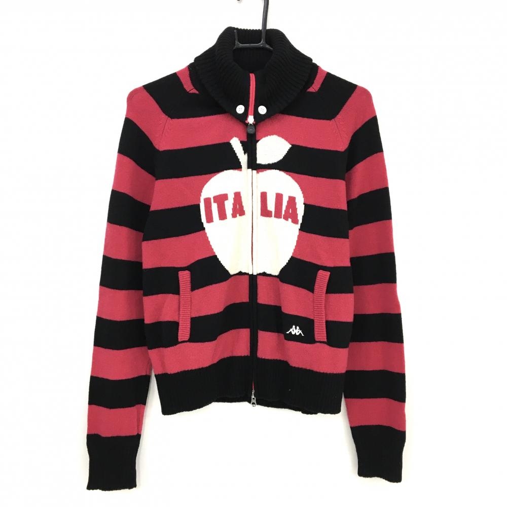 【美品】カッパ ニットジャケット ピンク×黒 太ボーダー ウール100％ リンゴ  レディース L ゴルフウェア Kappa