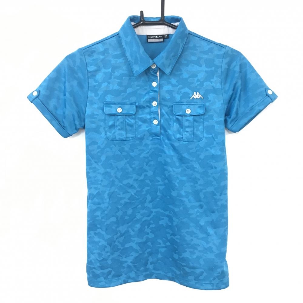 Kappa カッパ 半袖ポロシャツ ブルー×白 迷彩 カモフラ 胸ポケット レディース M ゴルフウェア