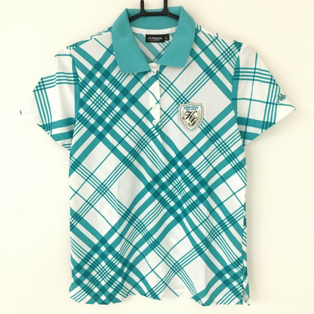 【超美品】カッパ 半袖ポロシャツ 白×グリーン チェック柄 ストレッチ ワッペン レディース L ゴルフウェア Kappa