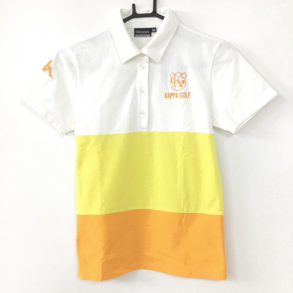 Kappa カッパ 半袖ポロシャツ 白×イエロー×オレンジ ロゴ刺しゅう レディース M ゴルフウェア